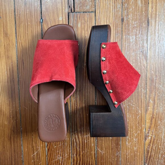 Penelope Chilvers Red Mules with Gold Accents - Picture 1 of 8